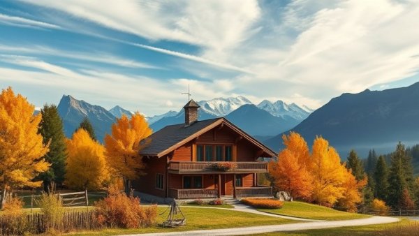 Alpine aesthetic home design with chalet and autumn foliage.