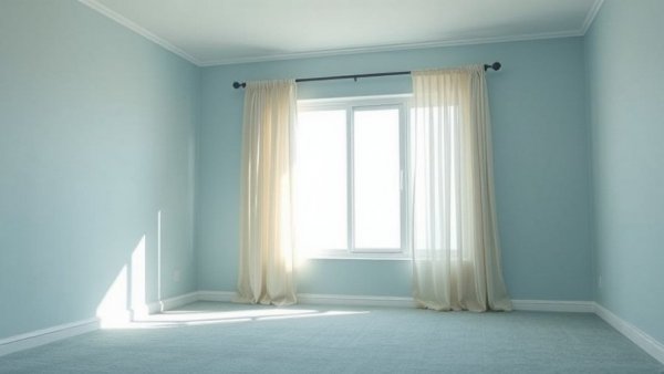 Empty bedroom with blue walls and light curtains, serene ambiance.