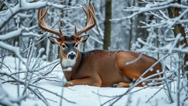 Majestic buck resting amidst snowy branches, Snow Tracking Bucks