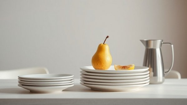 Cozy home decor for winter featuring minimalist table setting with plates and pears.