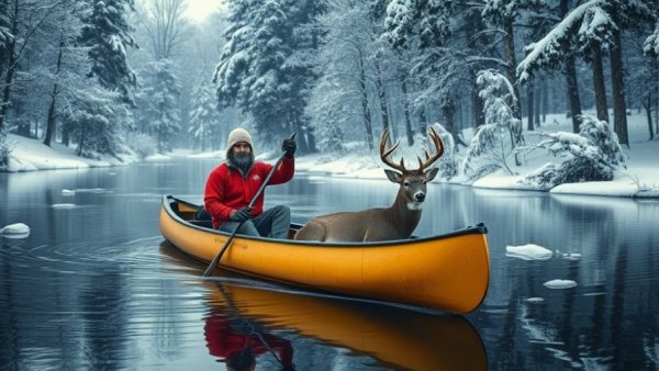 Float hunting for whitetail bucks in snowy river landscape.