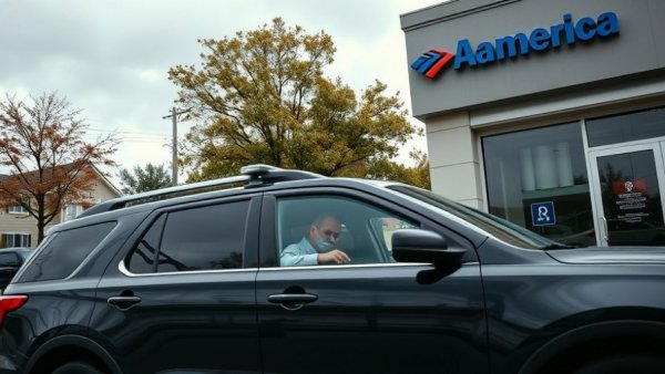 Police SUV at scene outside Bank of America in overcast weather.