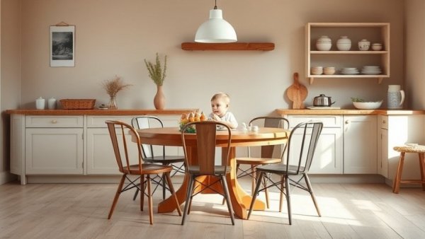 Danish kitchen vintage charm with round table and mixed chairs.