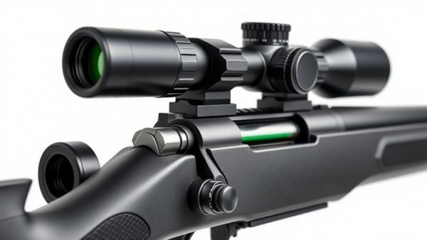 Sleek black rifle scope with precision dials against white backdrop.