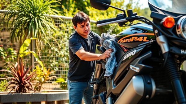 Man winterizing a motorcycle by cleaning it outdoors.