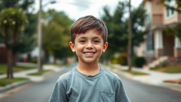 Young boy smiling outdoors near a suburban street.