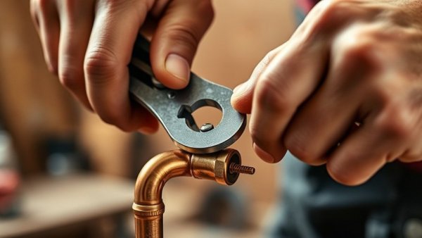 Close-up of hands using pipe cutter on copper pipe for DIY project.