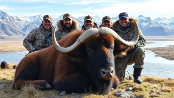 Hunters with musk ox in Greenland during musk ox and caribou hunting expedition.