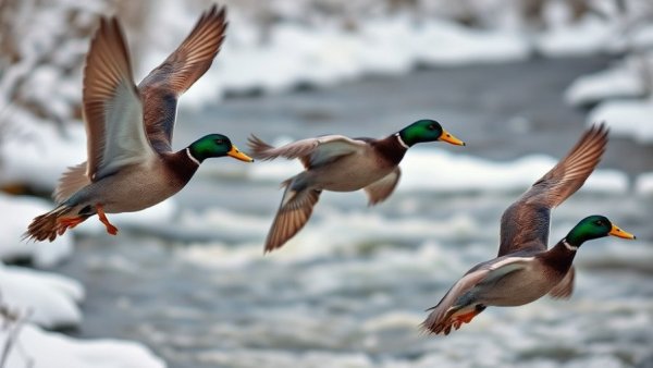Mallards in flight over snowy river, wings spread, showcasing genetic impact of farmed mallards.