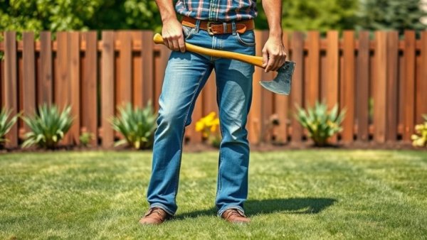 Gardener in jeans holding an axe on green lawn for splitting wood safely.