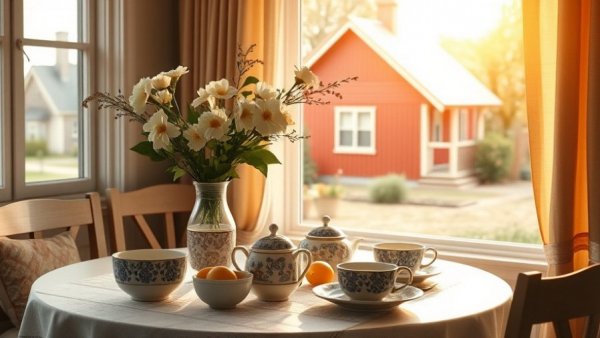 Cozy breakfast nook promoting slowing down home and wellness with charming red house view.