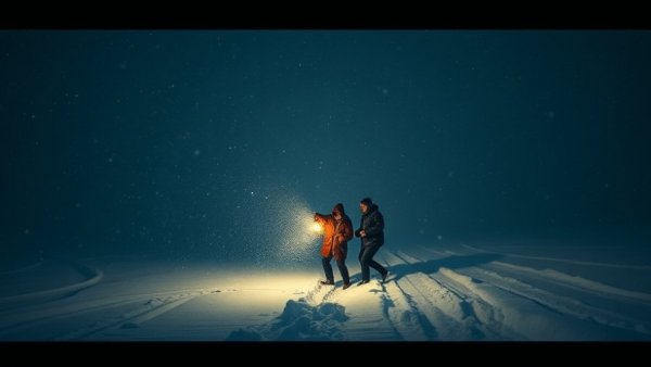 Grizzly bear encounters in dramatic snowy scene with lantern.