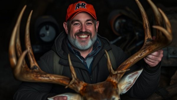 Hunter displaying deer trophy outdoors, showcasing hunting safety tips.