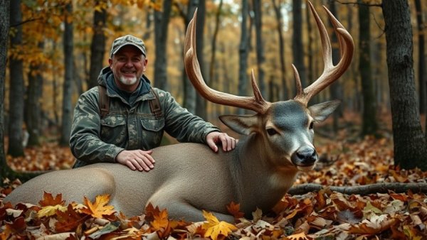 Indiana hunter tags giant 190-class buck in autumn forest.