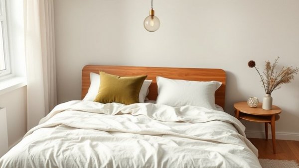 Minimalist bedroom with neutral decor and natural light.