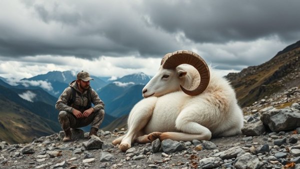 Hunter with best sheep rifles in mountainous landscape.