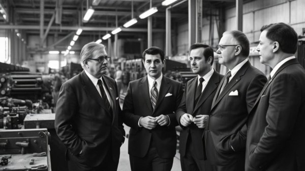 Historic photo of professionals touring a factory, YKK Zipper Meaning.