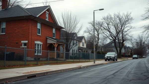 Suburban red-brick house with chain-link fence, overcast sky.