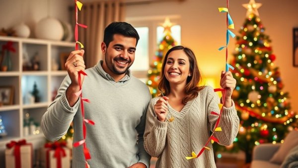 Couple decorating living room with paper chains for holiday decor.