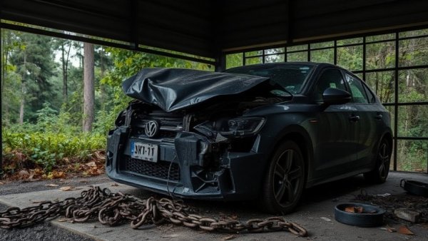 Crumpled black car in shelter highlighting domestic violence awareness.
