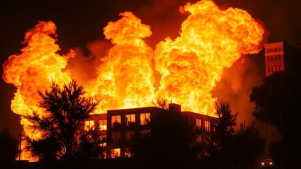 Fox Meadows fire incident: Blazing fire consuming building at night.