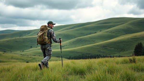 Camo-dressed hiker trekking on public lands amid hills
