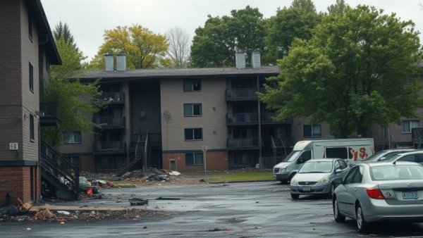 Fox Meadows fire aftermath on apartment building and vehicles.