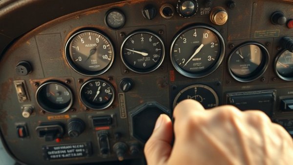 Close-up of vintage Cessna cockpit gauges and dials with pilot's hand.
