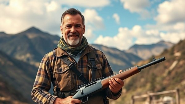 Outdoorsman with rifle in mountainous terrain, ideal for bear encounter camping.