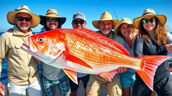 Fishermen with a large red fish on a boat exemplifying boating safety.