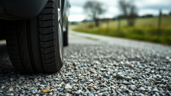 Close-up of a car tire on gravel road with detailed tread; should you use nitrogen in your tires.
