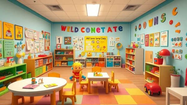 Bright and colorful daycare classroom with toys and learning materials.