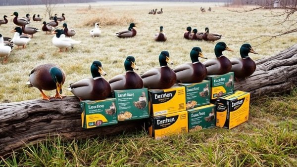 Mallard ducks on a log with ammo boxes in a grassy field.