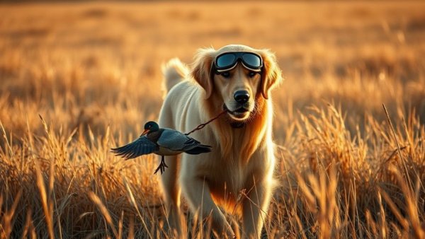 Golden retriever wearing protective goggles, carrying birds in a field.
