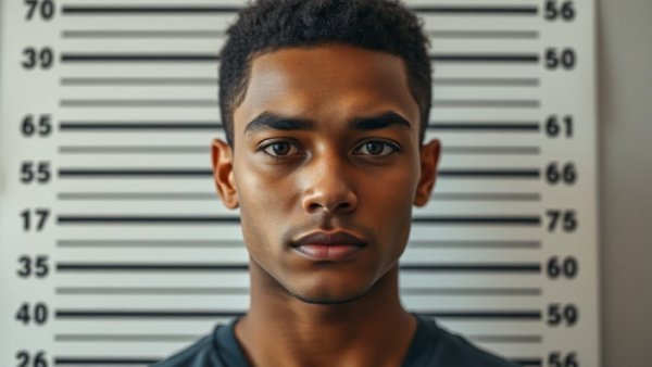 Serious young man indoors against a height chart, Hickory Hill youth violence context.