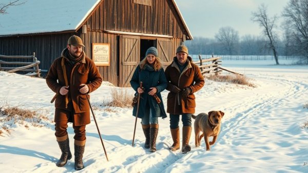 Winter rabbit hunting scene by barn during Christmas break.