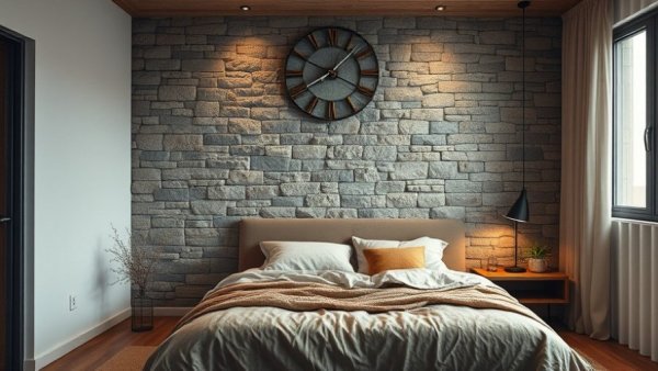 Modern bedroom with stone accent wall and cozy sustainable design.
