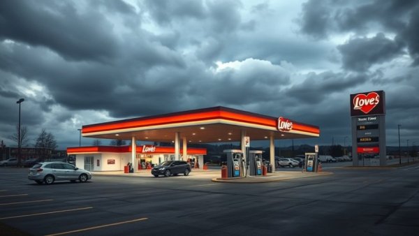 Love's Travel Stop with cars at gas pumps on a cloudy day.