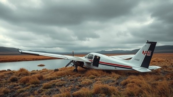 Crashed small plane in remote grassy area, Bush Pilots Survival Stories backdrop.