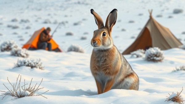 Snowshoe hare observing hunter near tent, snowy landscape.