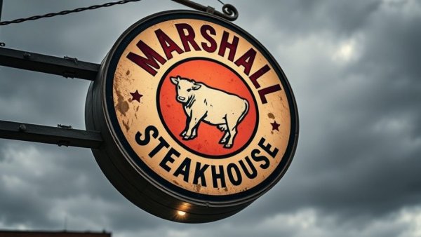 Marshall Steakhouse sign under a cloudy sky, highlighting decision to sell.