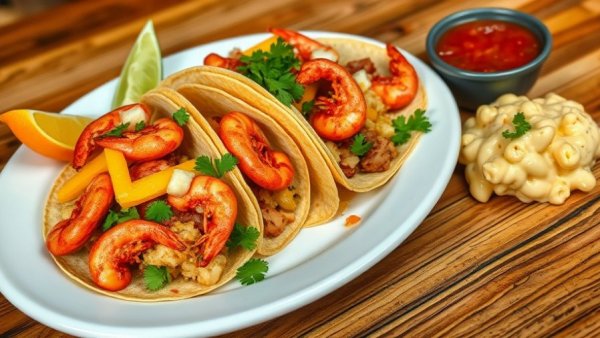 Crawfish tacos in Memphis with mac and cheese, guacamole, and salsa.