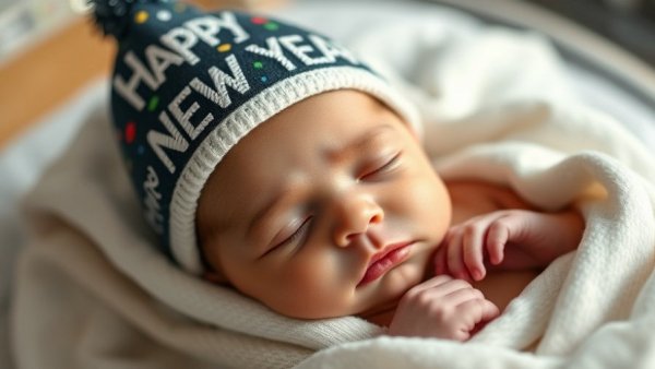 Newborn baby with Happy New Year hat as one of the first babies of 2023