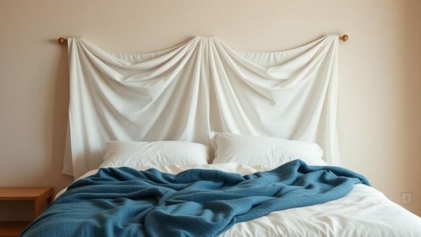 Minimalist bedroom showcasing a DIY headboard hack with draped fabric.