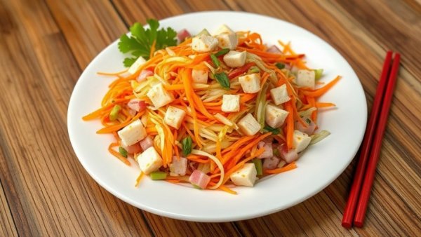 Warm egg roll salad with tofu and vegetables on a wooden table.