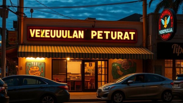 Venezuelan restaurant at night with glowing neon signage and vibrant mural.