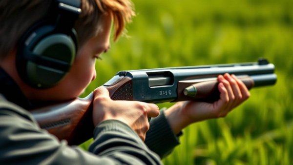 Man shooting semi-auto shotgun in green field, cartridge ejecting.