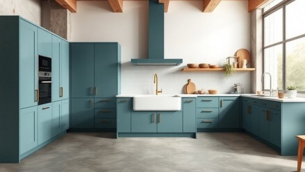 Modern communal family kitchen design with teal cabinets and natural light.