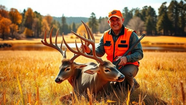 Hunter with 21 point buck on public land in open field.