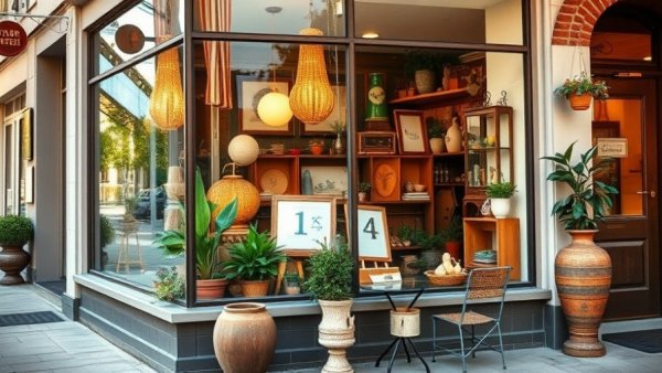 William White Emporium storefront with eclectic window display and outdoor seating.